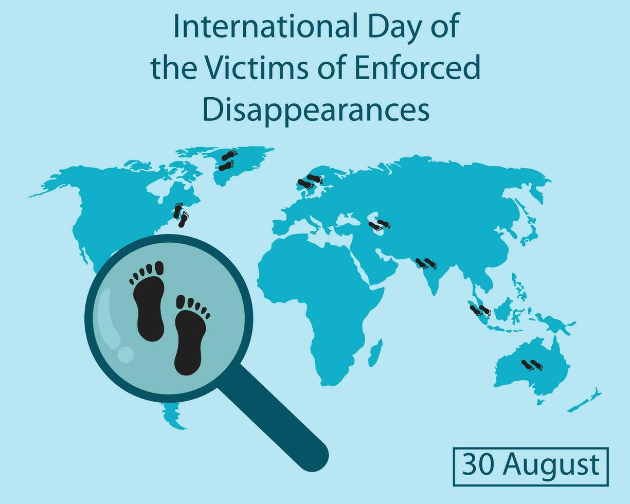 Illustration Vektor Grafik von ein Vergrößerung Glas sucht zum Fußabdrücke auf ein Welt Karte, perfekt zum International Tag, das die Opfer von erzwungen Verschwindenlassen, zelebrieren, Gruß Karte, usw.