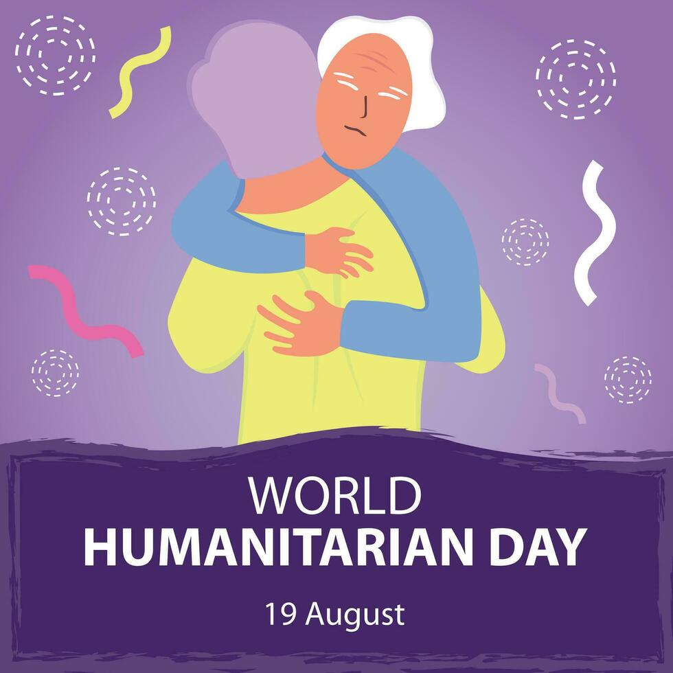Illustration Vektor Grafik von ein Großvater umarmt durch ein Freiwillige Aktivist, perfekt zum International Tag, Welt humanitär Tag, zelebrieren, Gruß Karte, usw.