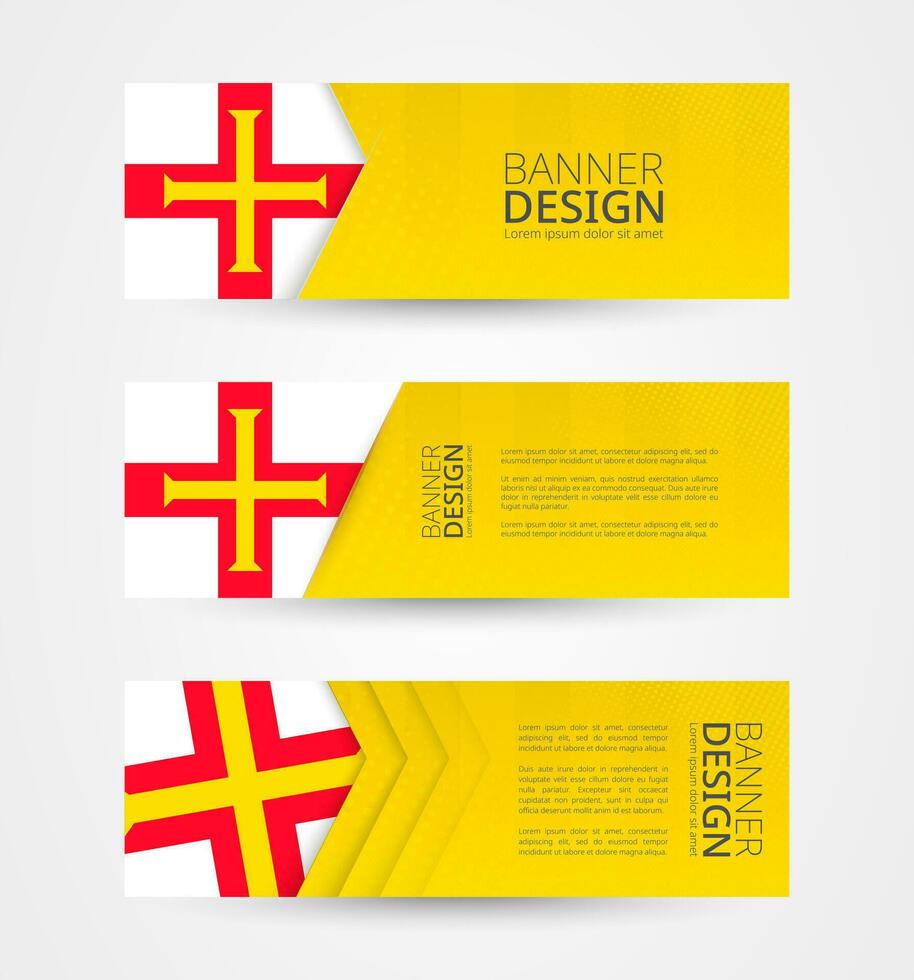 einstellen von drei horizontal Banner mit Flagge von Guernsey. Netz Banner Design Vorlage im Farbe von Guernsey Flagge. vektor