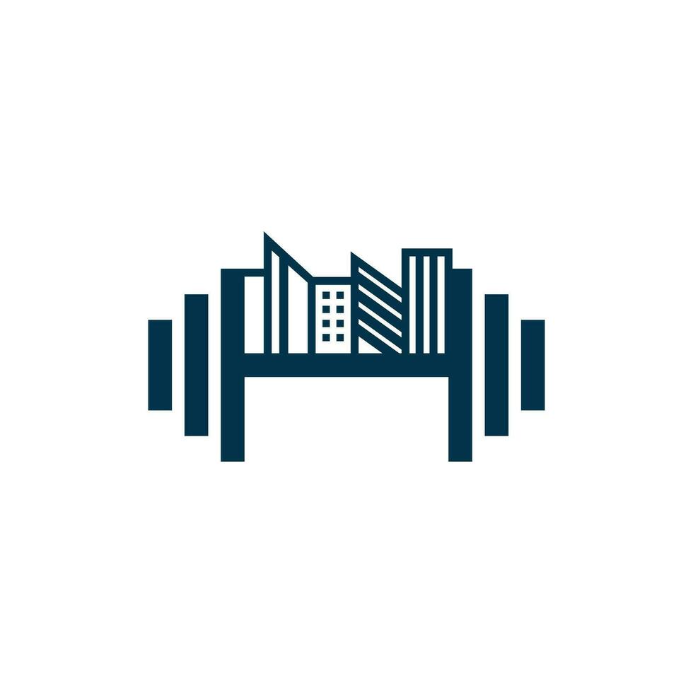 Fitnessstudio und Fitness Hantel Logo Vorlage, Fitnessstudio mit Stadt Gebäude, Logo Design Vektor