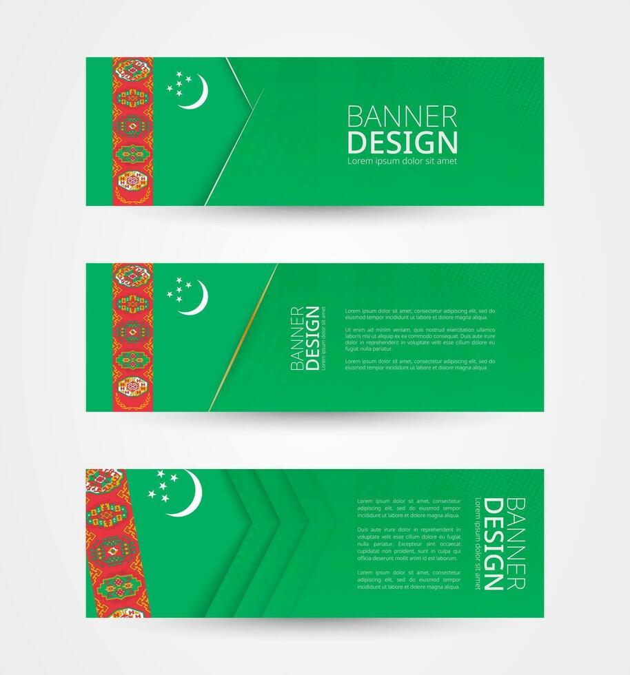 einstellen von drei horizontal Banner mit Flagge von turkmenistan. Netz Banner Design Vorlage im Farbe von Turkmenistan Flagge. vektor