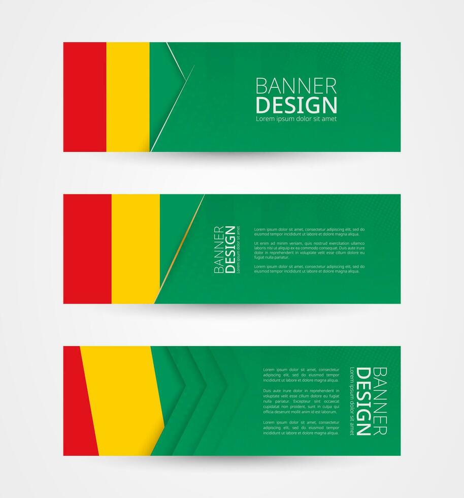 einstellen von drei horizontal Banner mit Flagge von Guinea. Netz Banner Design Vorlage im Farbe von Guinea Flagge. vektor