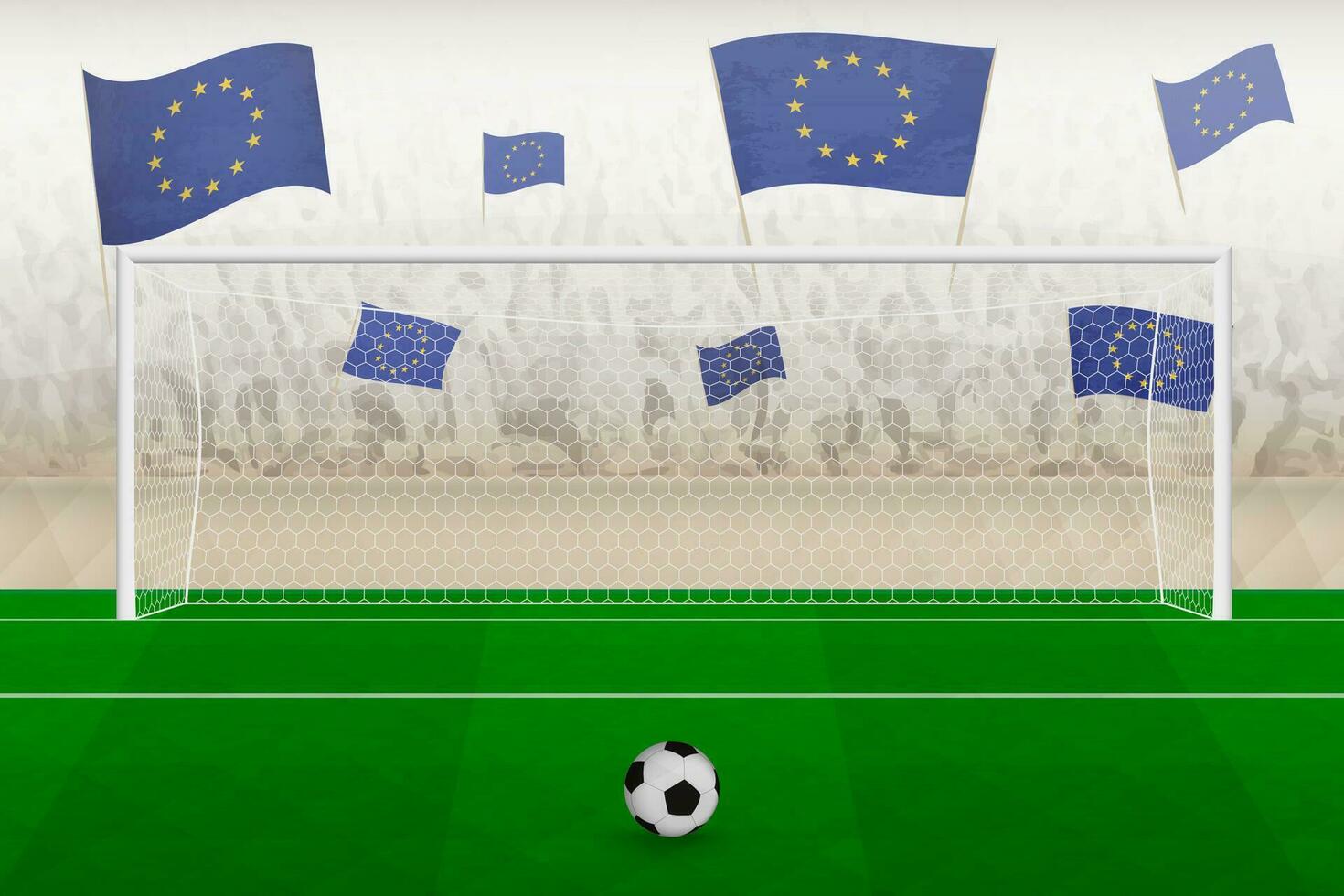 europäisch Union Fußball Mannschaft Fans mit Flaggen von europäisch Union Jubel auf Stadion, Strafe trete Konzept im ein Fußball passen. vektor
