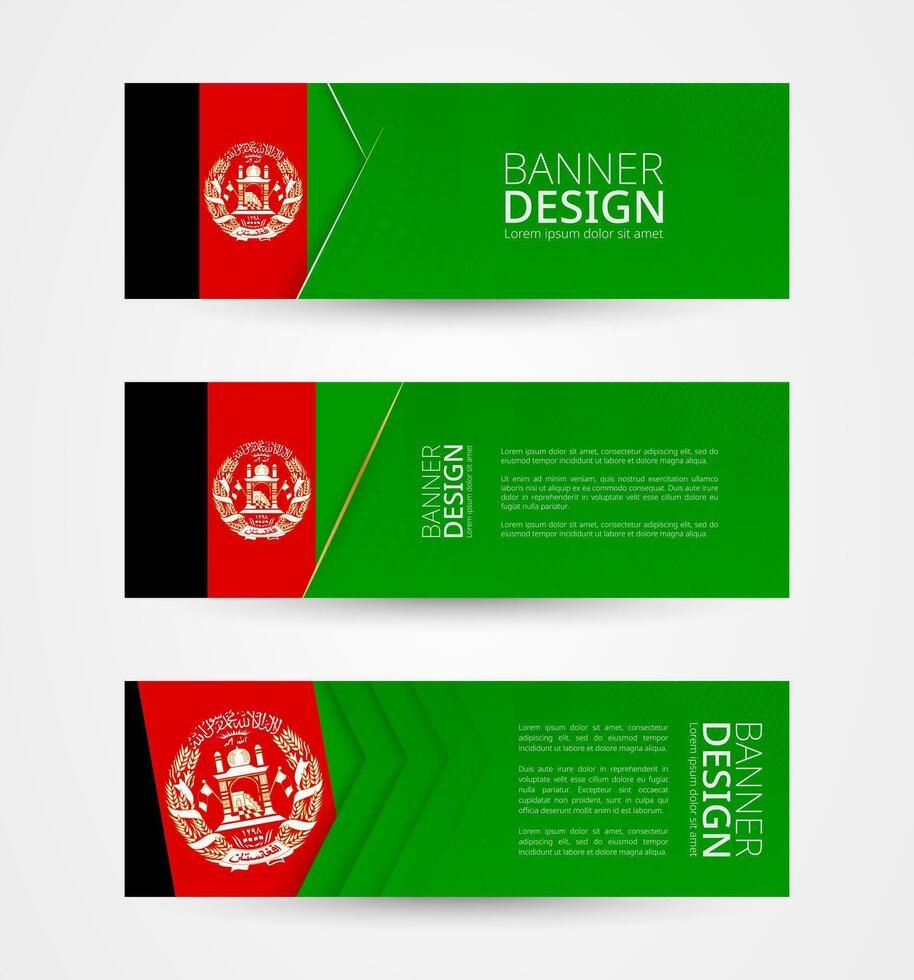 einstellen von drei horizontal Banner mit Flagge von Afghanistan. Netz Banner Design Vorlage im Farbe von Afghanistan Flagge. vektor