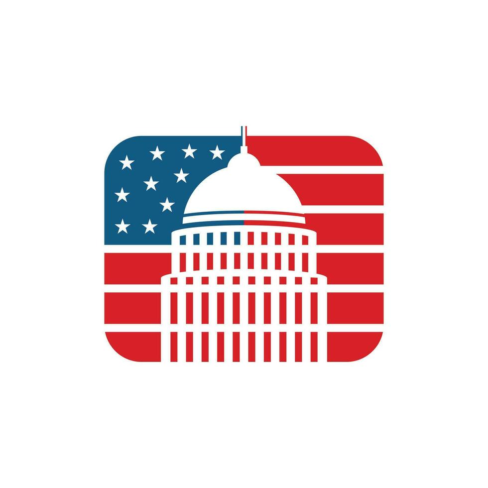 Kapitol Gebäude mit amerikanisch Flagge Logo Vorlage, Vektor Illustration Design