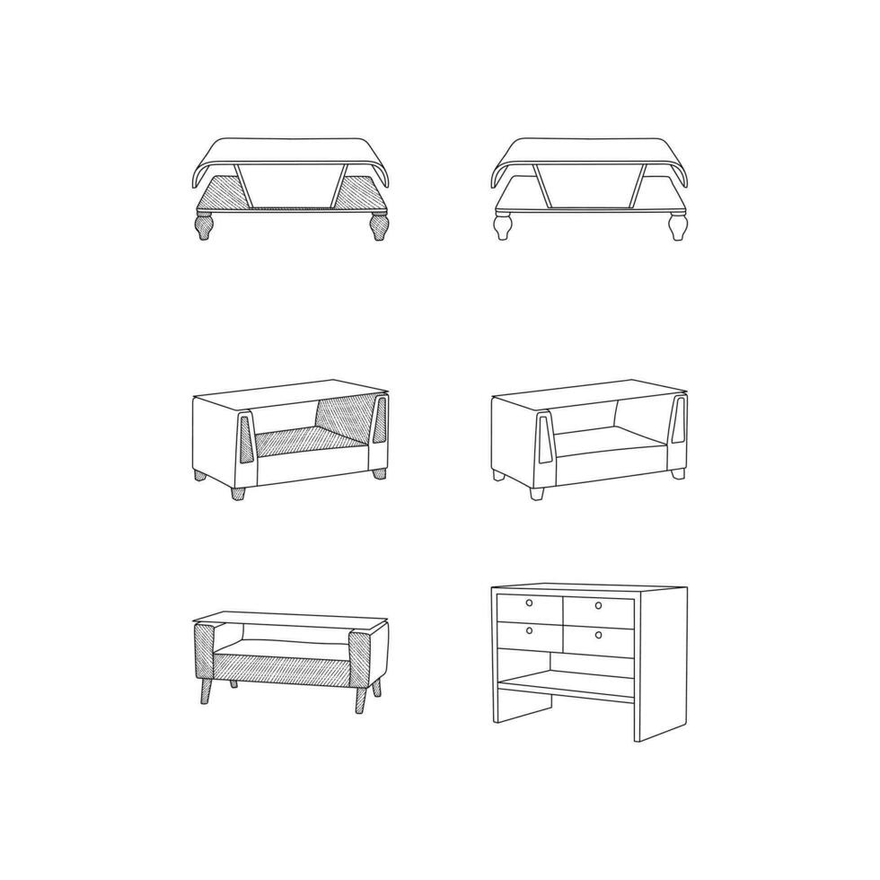 uppsättning av tabell interiör ikon minimalistisk linje konst design, översikt vektor design illustration mall