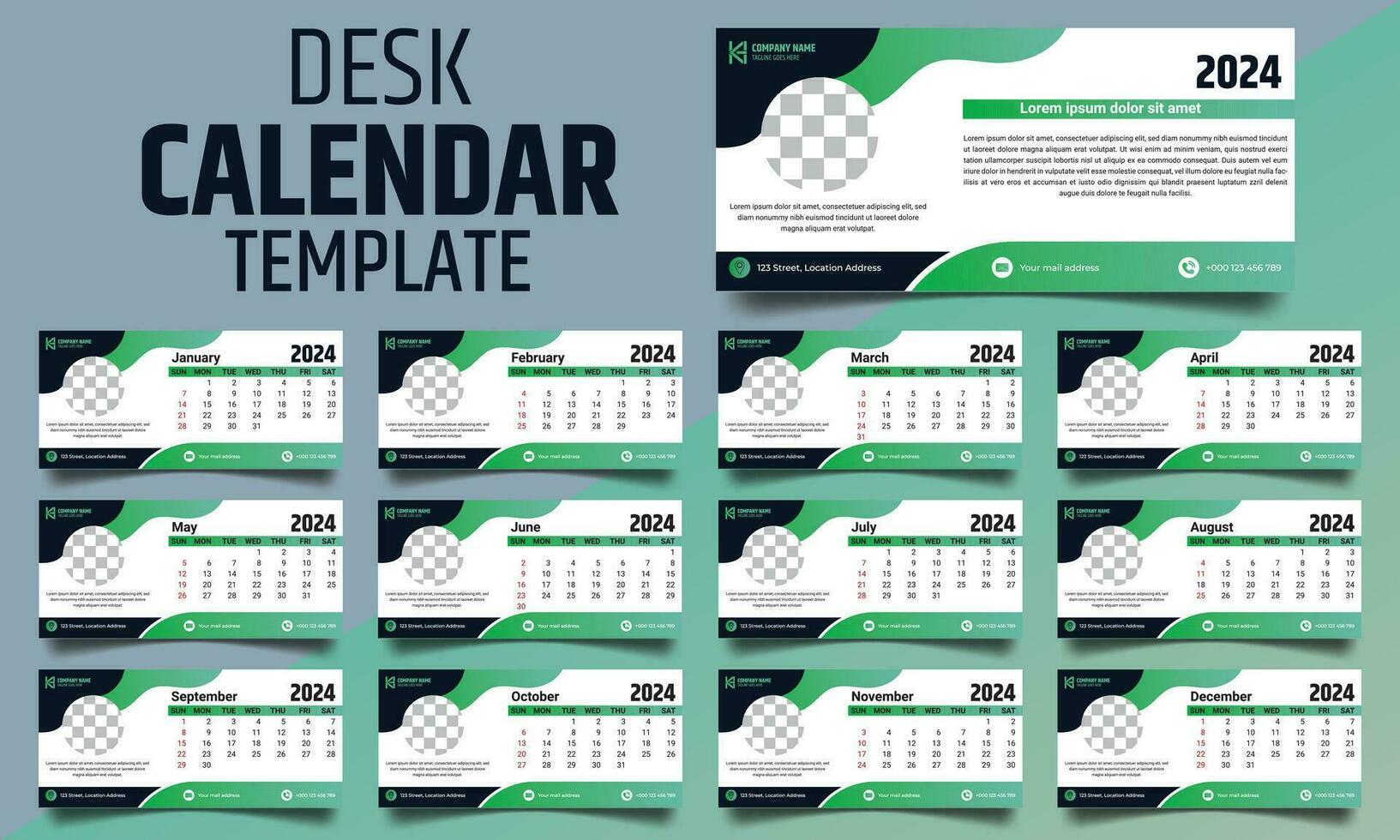 kreativ skrivbord kalender design för 2024. vecka börjar på söndag och 12 månader av design är ingår. en professionell och lämplig mall för de företag vektor