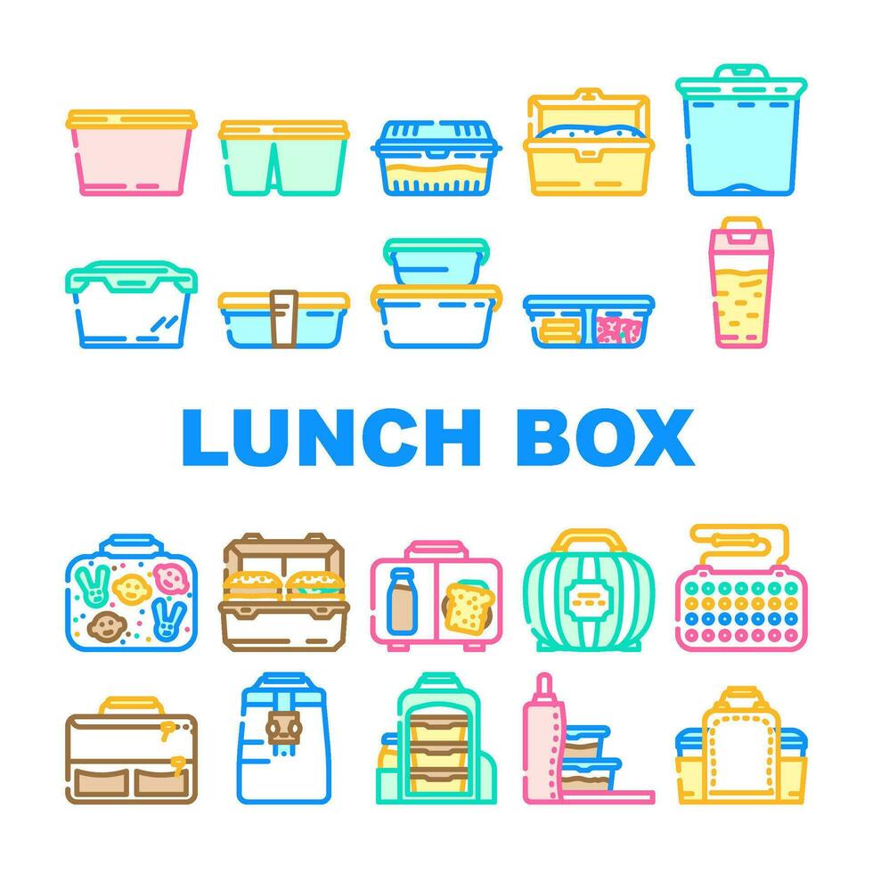 Mittagessen Schule Essen Box Brotdose Symbole einstellen Vektor