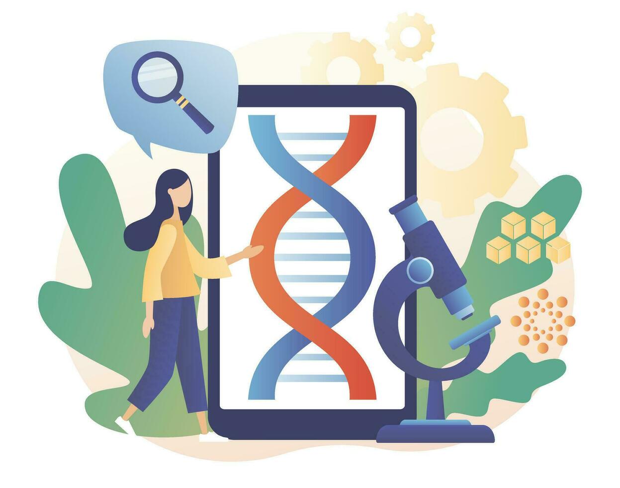 Biotechnologie. Innovation, Wissenschaft, Labor Forschung, genetisch testen, chemisch, gentechnik, Biotechnik und Organismus. Studie DNA verwenden Smartphone und Mikroskop. modern eben Karikatur Stil. Vektor