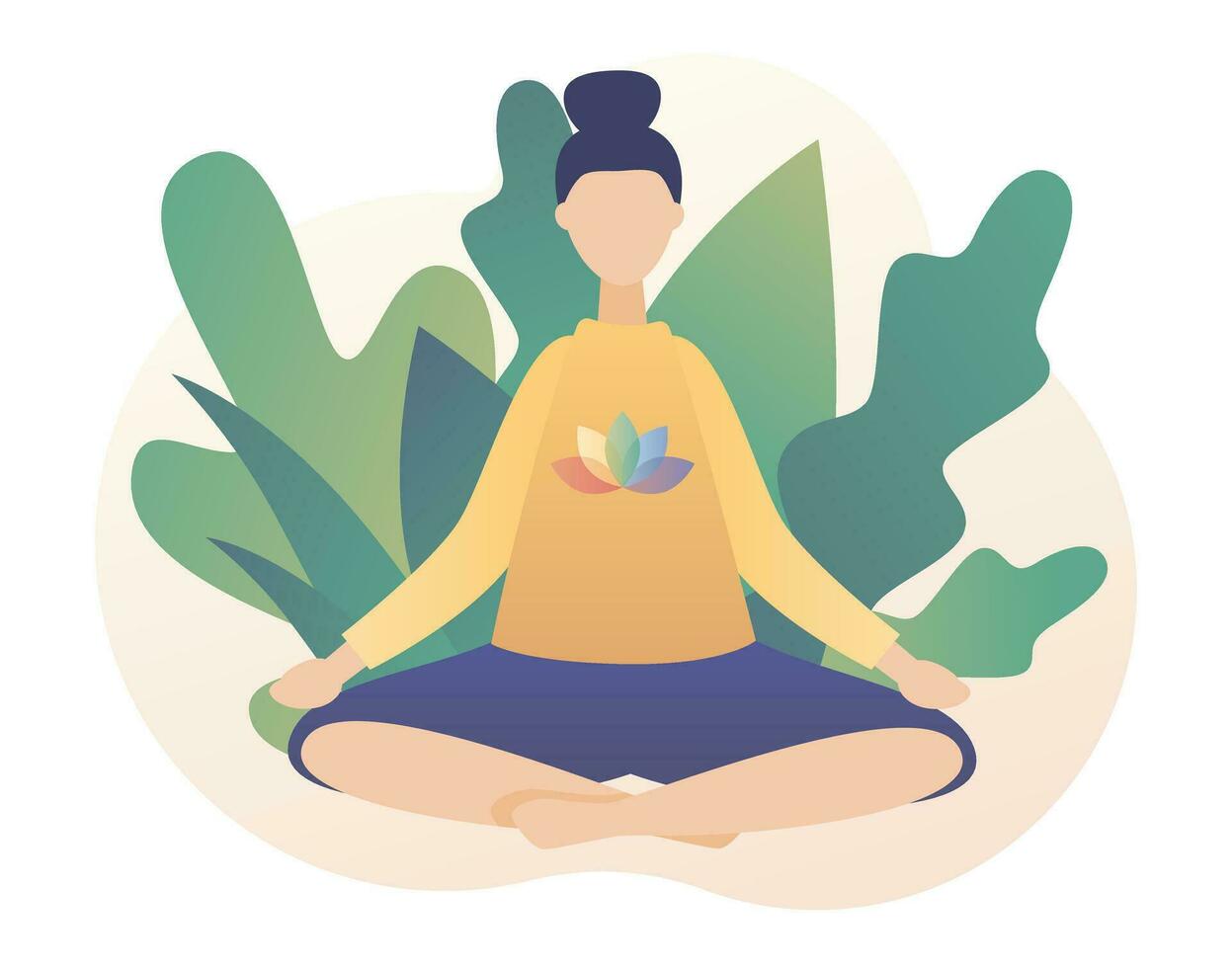 winzig Frau Sitzung im Lotus Pose. Meditation Konzept. Yoga online, entspannen, Erholung, gesund Lebensstil. modern eben Karikatur Stil. Vektor Illustration auf Weiß Hintergrund