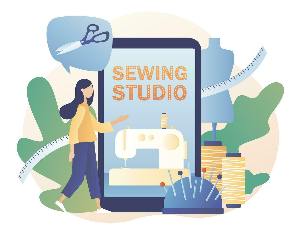 mycket liten kvinna skräddare med stor smartphone i verkstad eller ateljé. sömnad studio app begrepp. sömnad maskin, mannekäng, verktyg och material. modern platt tecknad serie stil. vektor illustration