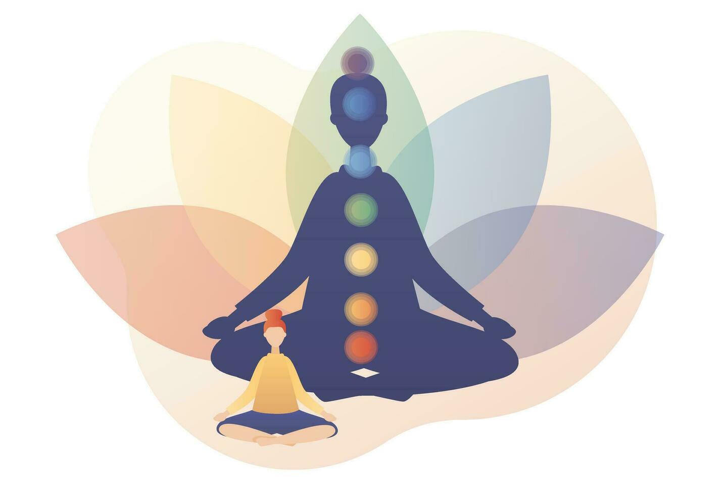 winzig Frau Sitzung im Lotus Pose. Meditation Konzept. bunt 9 Chakren. Yoga online, entspannen, Erholung, gesund Lebensstil. modern eben Karikatur Stil. Vektor Illustration auf Weiß Hintergrund