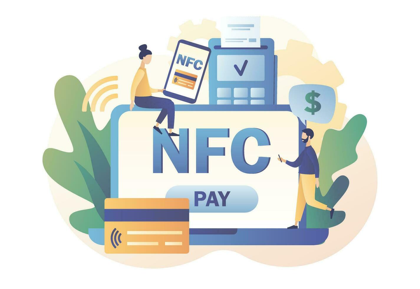 mycket liten människor använda sig av pos-terminal och betalning system. nfc betalning. finansiell transaktioner, terminal och kreditera kort, uppkopplad bankverksamhet. modern platt tecknad serie stil. vektor illustration på vit bakgrund