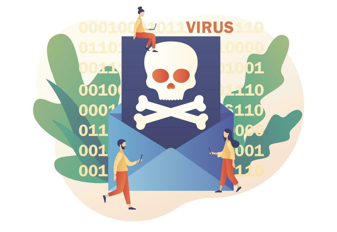 Computer Virus Konzept. Hacker Attacke und Netz Sicherheit. Betrug aufmerksam. winzig Menschen öffnen groß Briefumschlag mit Schädel. Spam, bösartig Anwendung. modern eben Karikatur Stil. Vektor Illustration