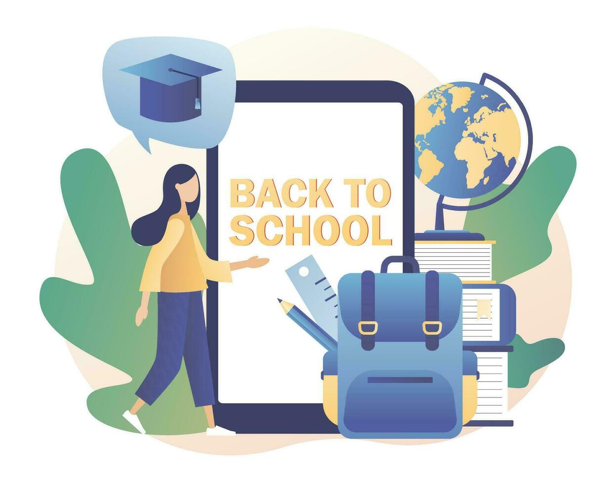 tillbaka till skola. mycket liten flicka med smartphone app, ryggsäck, pedagogisk verktyg, skola brevpapper, klot och böcker. utbildning begrepp. modern platt tecknad serie stil. vektor illustration på vit bakgrund