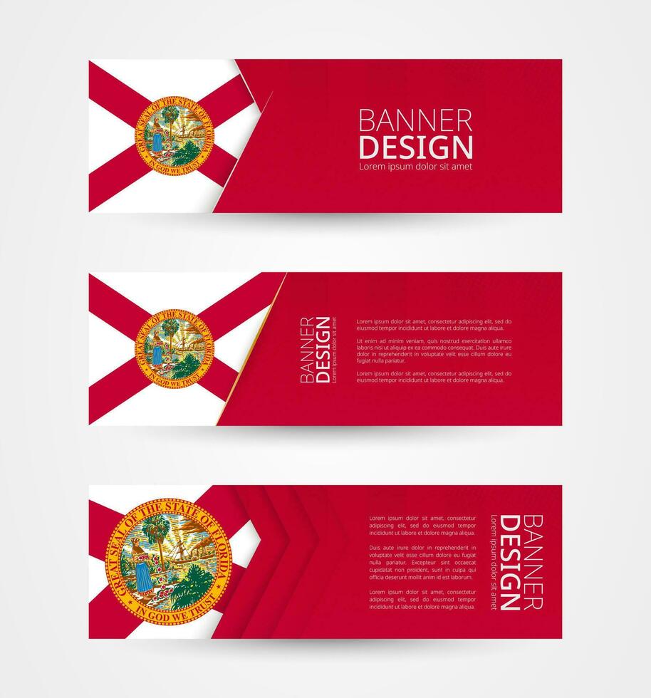 einstellen von drei horizontal Banner mit uns Zustand Flagge von Florida. Netz Banner Design Vorlage im Farbe von Florida Flagge. vektor