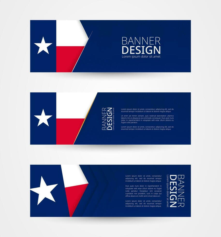 uppsättning av tre horisontell banderoller med oss stat flagga av texas. webb baner design mall i Färg av texas flagga. vektor