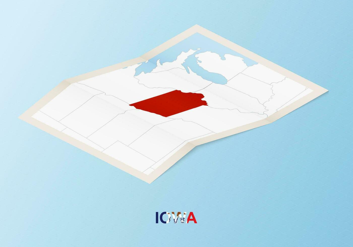 gefaltet Papier Karte von Iowa mit benachbart Länder im isometrisch Stil. vektor