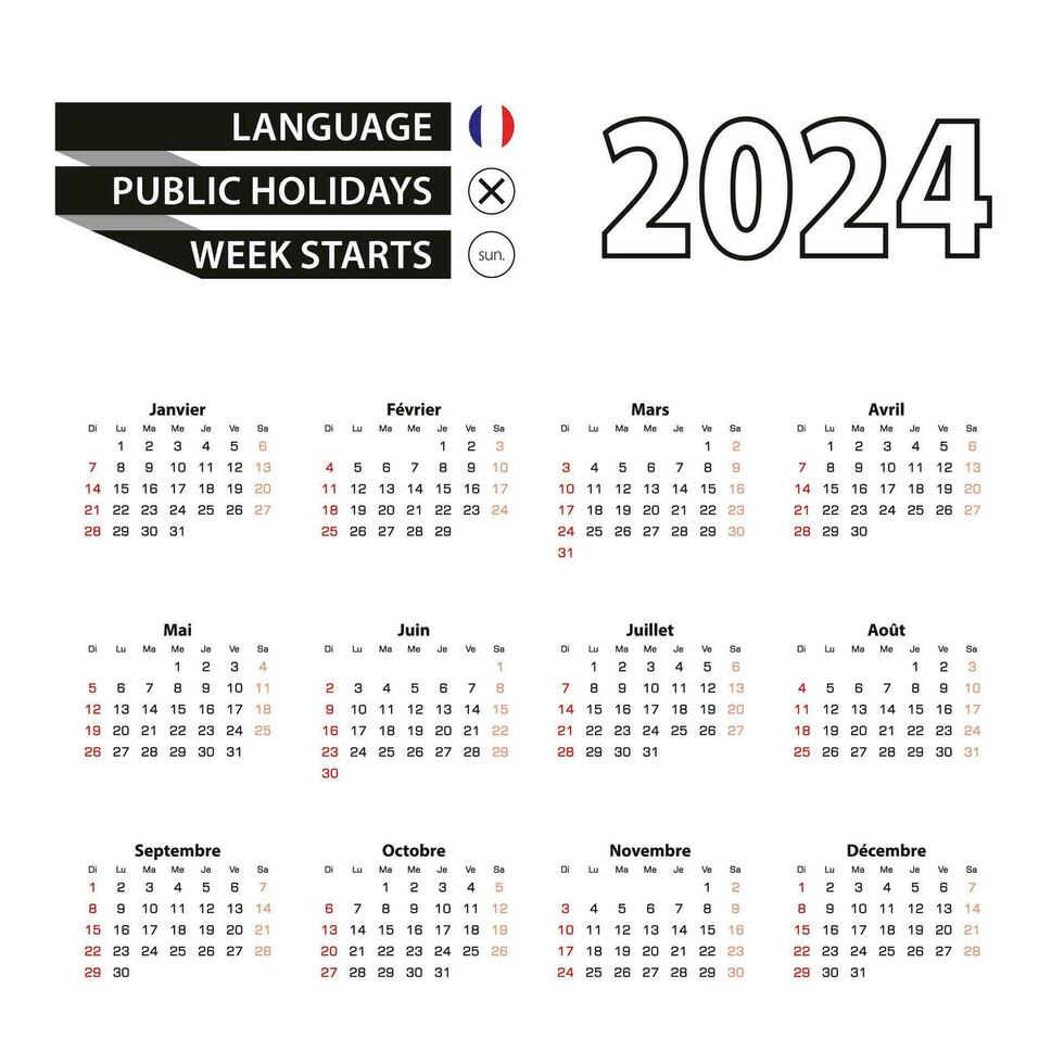 2024 Kalender im Französisch Sprache, Woche beginnt von Sonntag. vektor