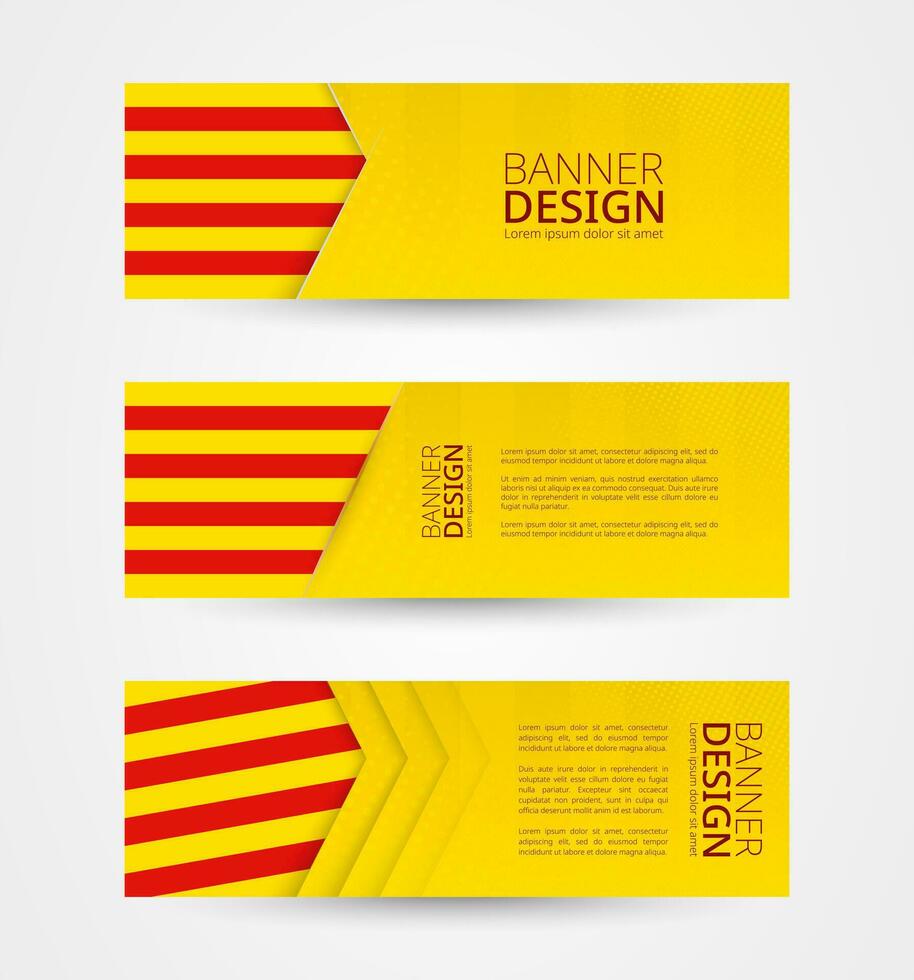 uppsättning av tre horisontell banderoller med flagga av Katalonien. webb baner design mall i Färg av catalonia flagga. vektor