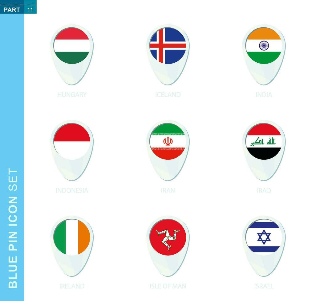 stift flagga uppsättning, Karta plats ikon i blå färger vektor