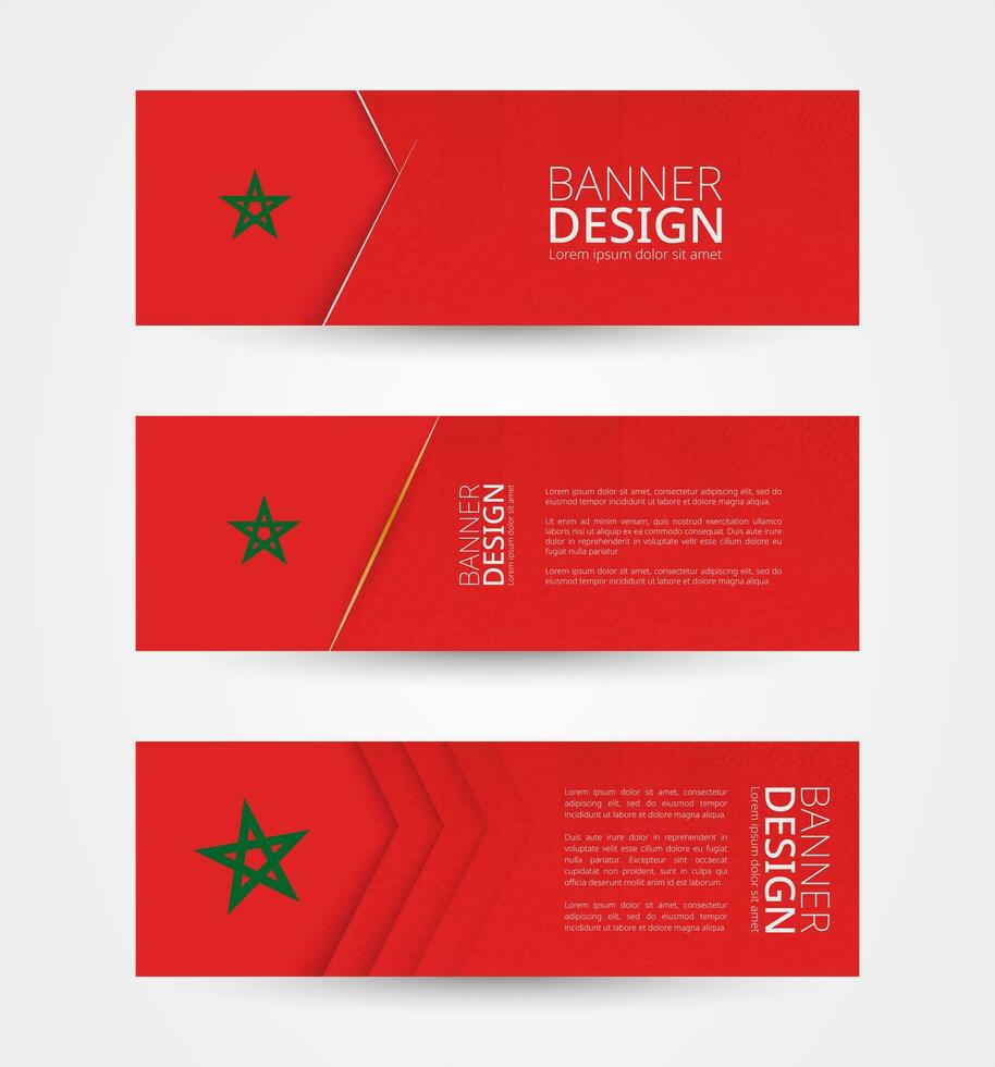 einstellen von drei horizontal Banner mit Flagge von Marokko. Netz Banner Design Vorlage im Farbe von Marokko Flagge. vektor