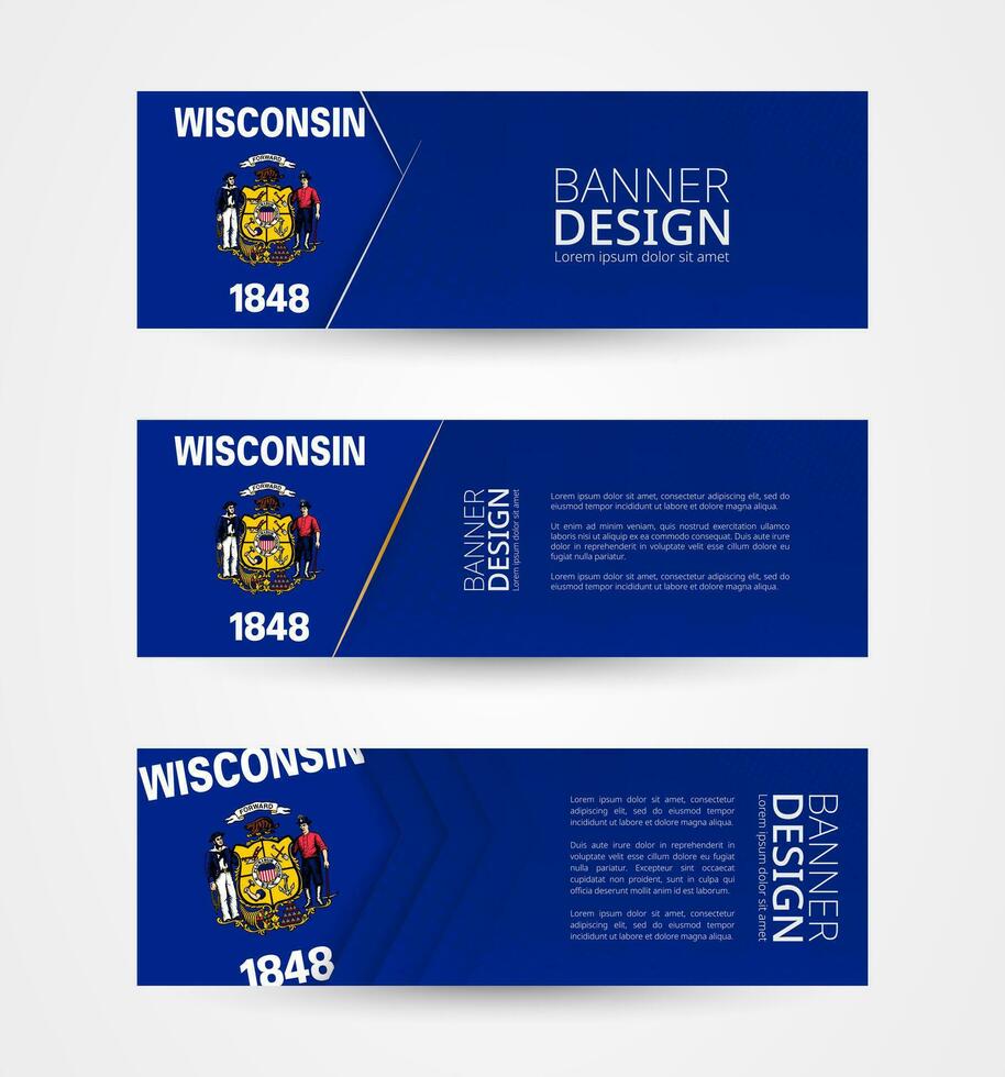 einstellen von drei horizontal Banner mit uns Zustand Flagge von Wisconsin. Netz Banner Design Vorlage im Farbe von Wisconsin Flagge. vektor