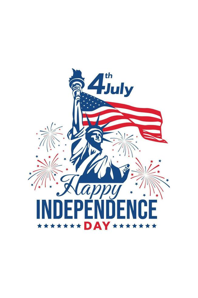 glücklich amerikanisch Unabhängigkeit Tag, 4 .. von Juli mit ein Kombination von Statue von Freiheit Illustration, Feuerwerk, Flagge, und Typografie. vektor