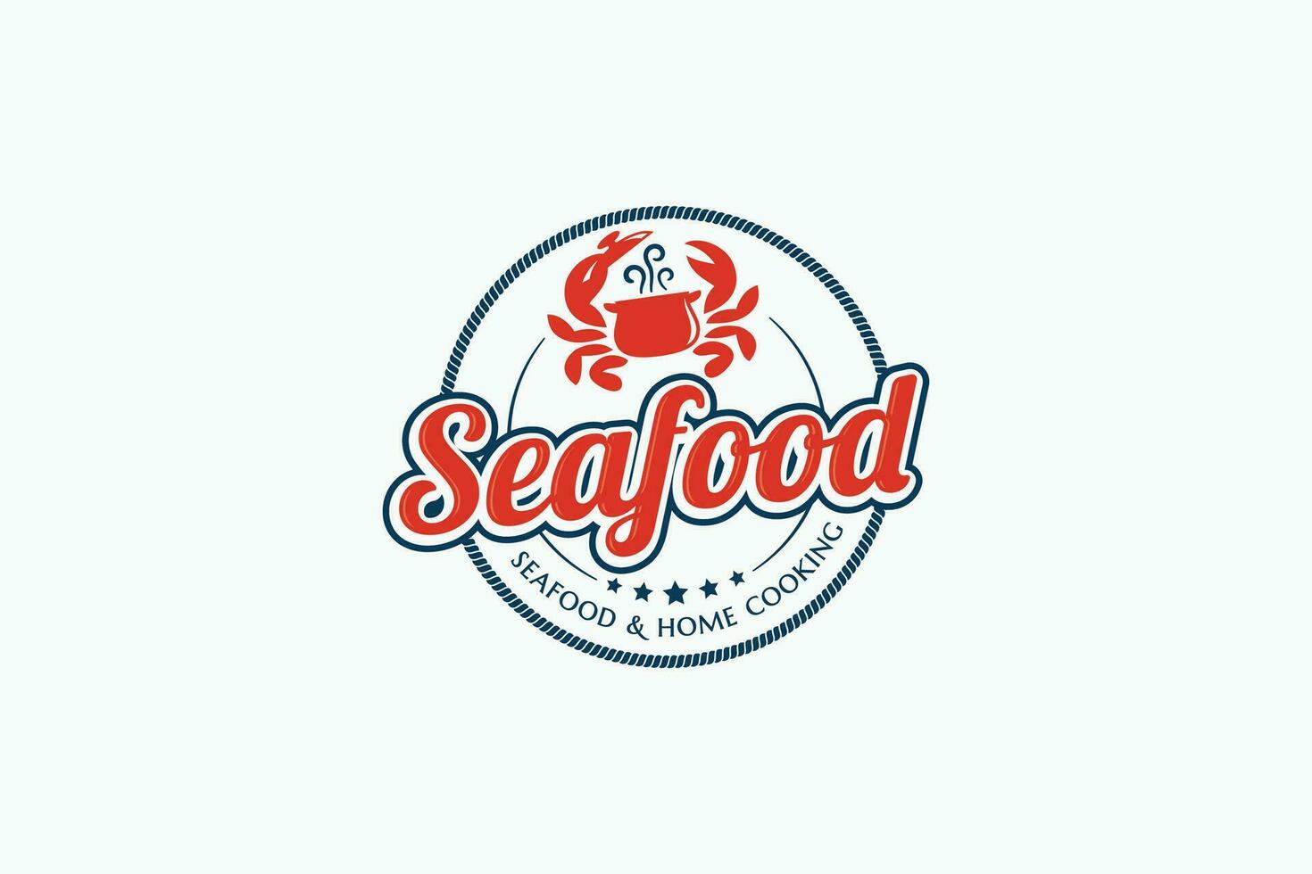 unik skaldjur och Hem matlagning logotyp i cirkel form med en kombination av krabba och kittel vektor