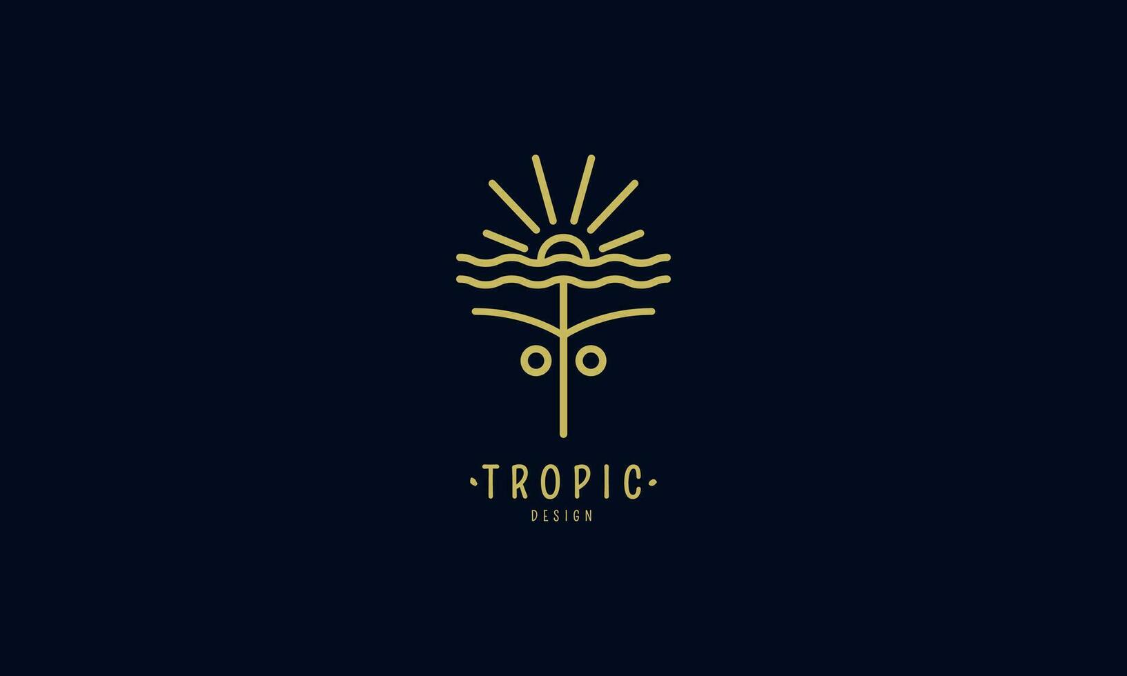 vektor logotyp av tropisk kokos, vågor och solnedgång. design logotyp av företag, Semester, resa byrå, ekologi och tillflykt begrepp, turism, spa och naturlig kosmetika.