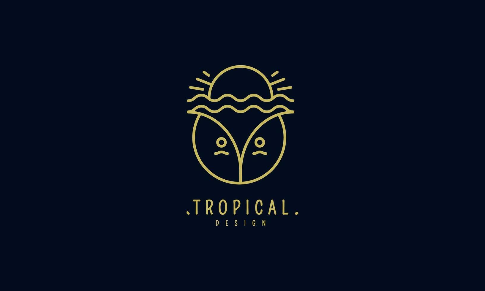 vektor logotyp av tropisk kokos, vågor och solnedgång. design logotyp av företag, Semester, resa byrå, ekologi och tillflykt begrepp, turism, spa och naturlig kosmetika.