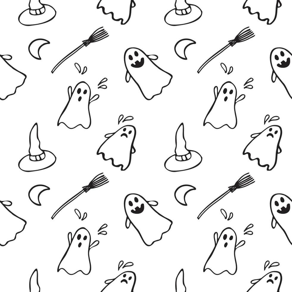 halloween spöken sömlös mönster festlig prydnad. hand dragen söt bakgrund med kvast och rolig spöken i minimalistisk stil. för skriva ut, papper, vykort, affisch, polygraf, baner, mall. vektor