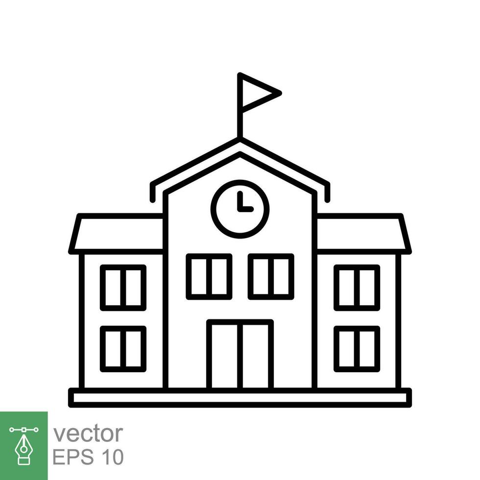 Schule Gebäude Symbol. einfach Gliederung Stil. Campus, Hochschule, Universität, Schulhaus Außen, Bildung Konzept. dünn Linie Symbol. Vektor Illustration isoliert auf Weiß Hintergrund. eps 10.