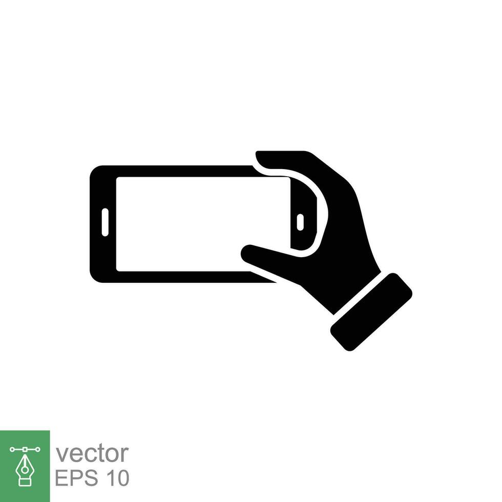 hand innehav telefon ikon. enkel fast stil. hand håll cell telefon, smartphone enhet, teknologi begrepp. svart silhuett, glyf symbol. vektor illustration isolerat på vit bakgrund. eps 10.