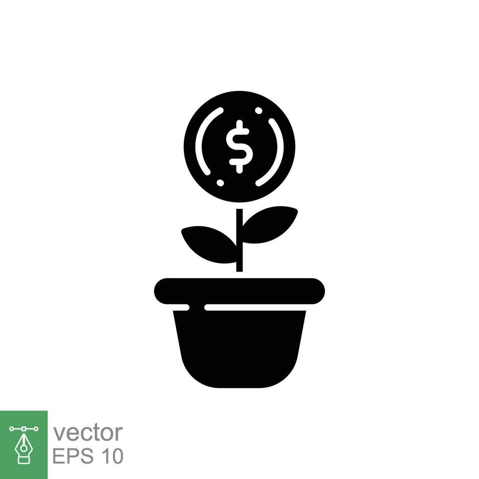 Mission Geld Blume Topf Symbol. einfach solide Stil. wachsen, Blumentopf, Vermögen, Baum mit Blatt, Geschäft Konzept. schwarz Silhouette, Glyphe Symbol. Vektor Illustration isoliert auf Weiß Hintergrund. eps 10.