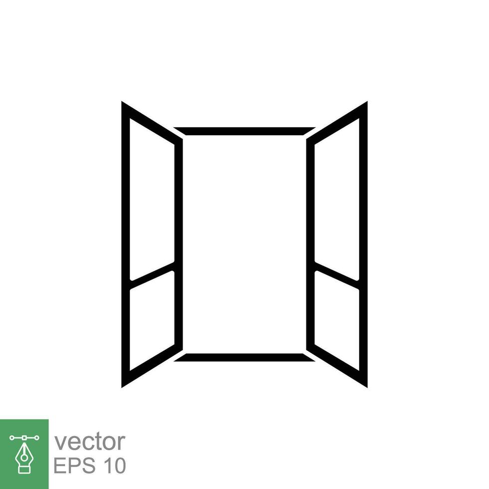 öppnad fönster ikon. enkel fast stil. hus, Hem, fyrkant ram fönster med glas, arkitektur begrepp. svart silhuett, glyf symbol. vektor illustration isolerat på vit bakgrund. eps 10.