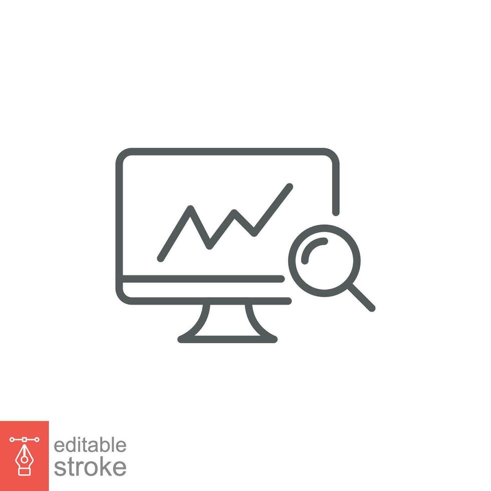 data analys ikon. enkel översikt stil. dator övervaka skärm med Graf och förstorande glas begrepp. tunn linje symbol. vektor illustration isolerat på vit bakgrund. redigerbar stroke eps 10.