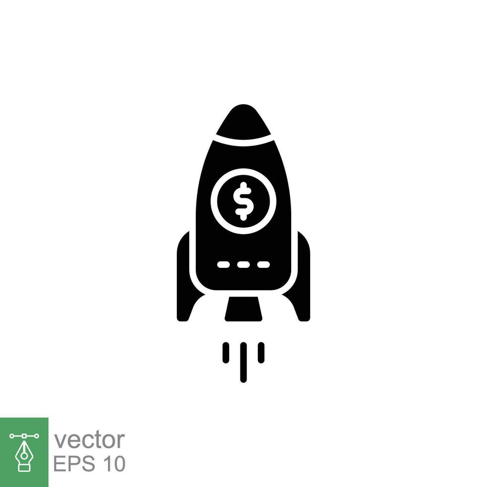 företag börja raket ikon. enkel fast stil. pengar raket Plats lansera, dollar tecken, tillväxt begrepp. svart silhuett, glyf symbol. vektor illustration isolerat på vit bakgrund. eps 10.