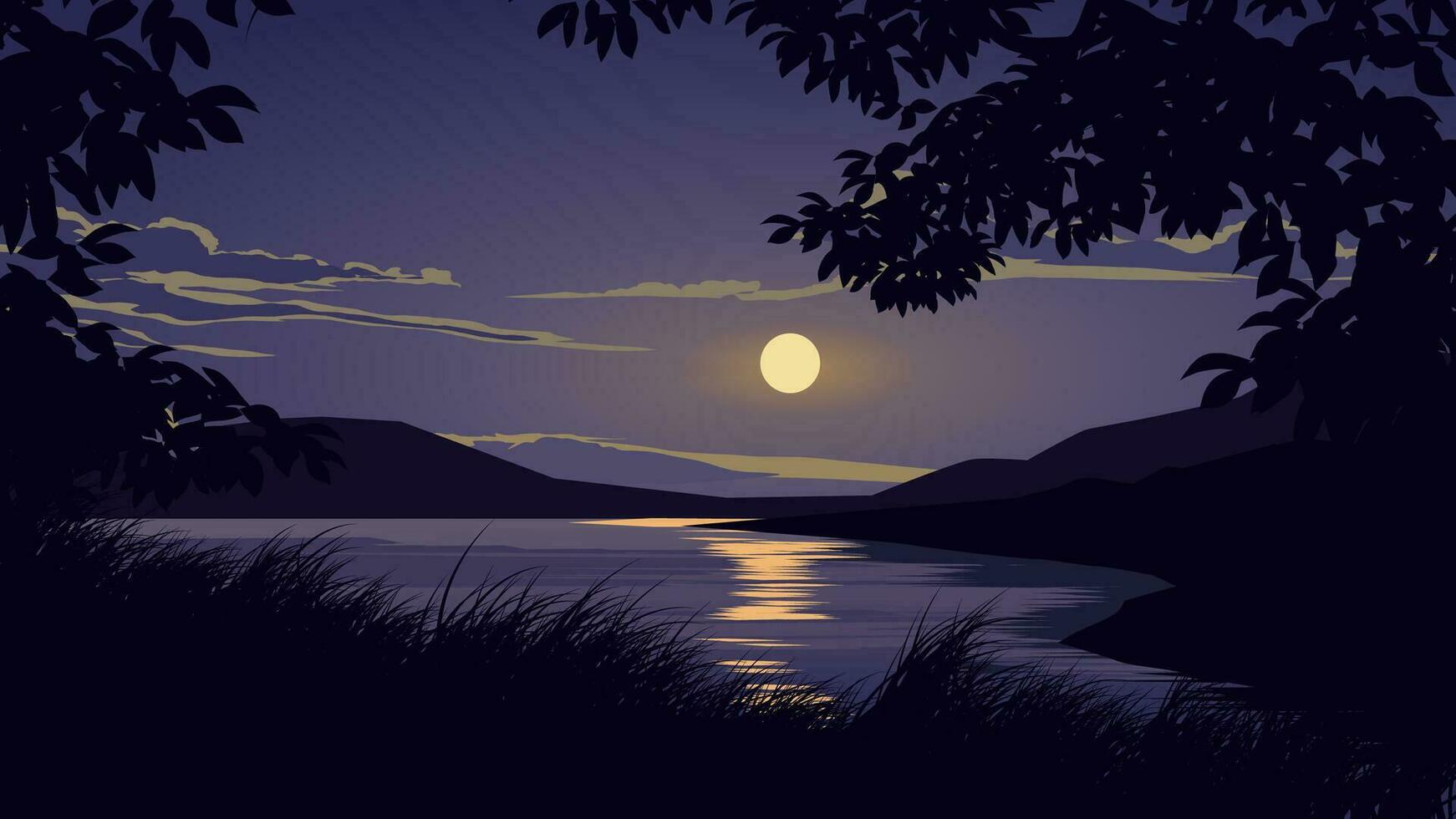 Ruhe Nacht im ein Fluss mit Mondlicht und Silhouette von Baum Geäst und Gras vektor