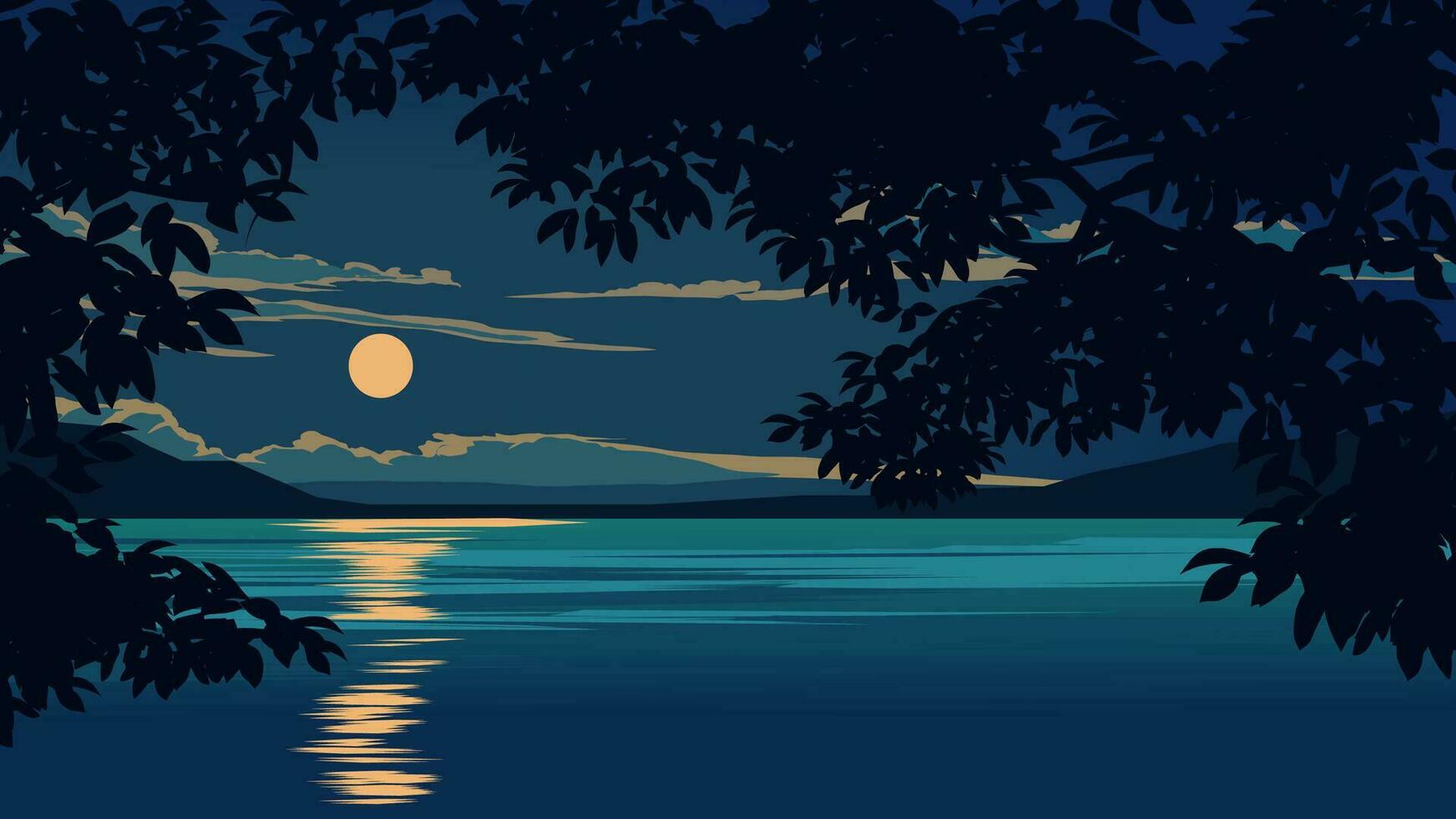 skön lugna natt i en sjö med månsken och silhuett av träd grenar vektor