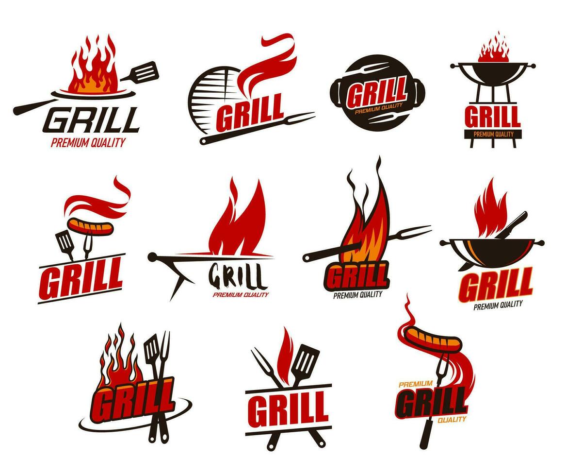 Grill Grill Symbole, Fleisch Wurst, Grill Feuer, Gabel vektor