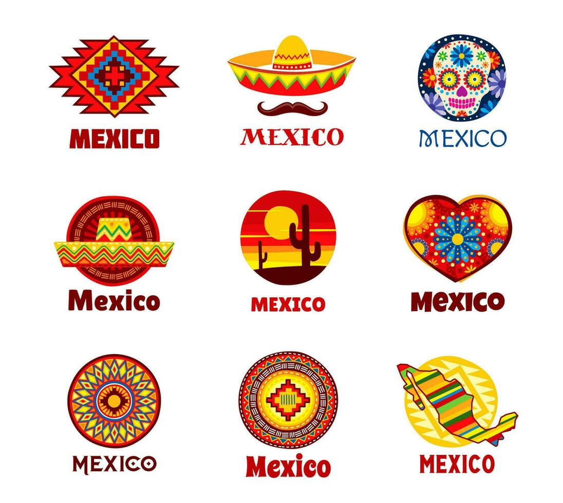 Mexiko Symbole, Mexikaner Sombreros, ethnisch Muster vektor