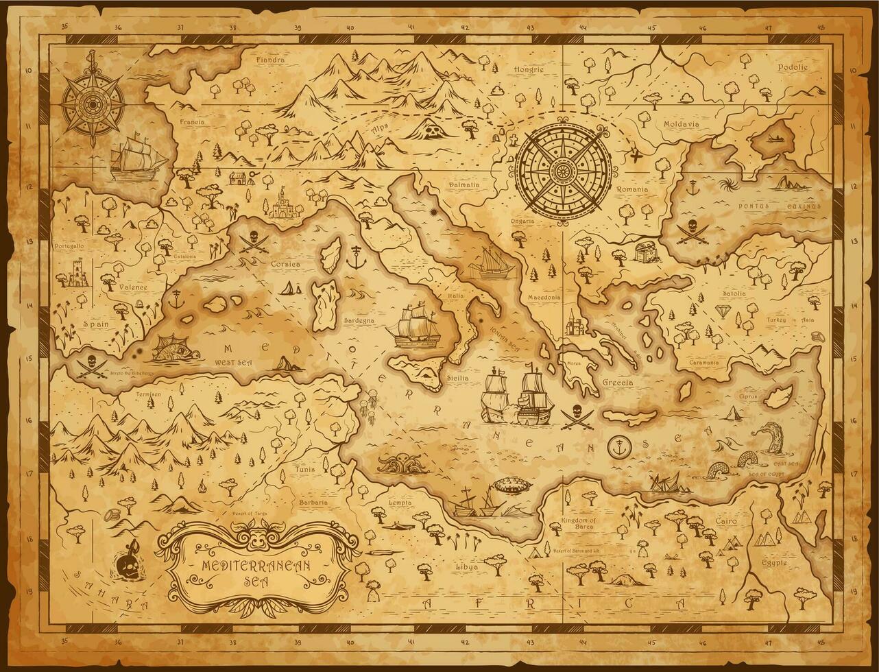 gammal årgång Karta av medelhavs hav, pirat segla vektor