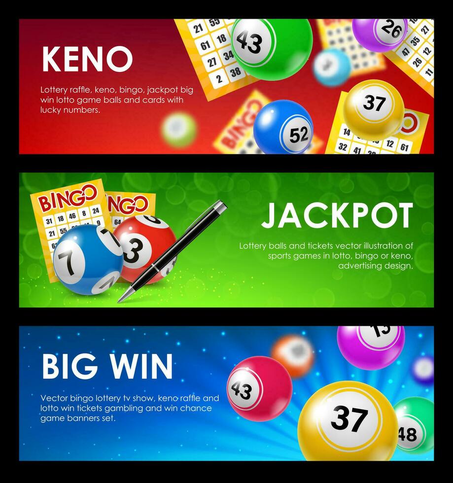 bingo och keno lotteri bollar, biljetter banderoller vektor