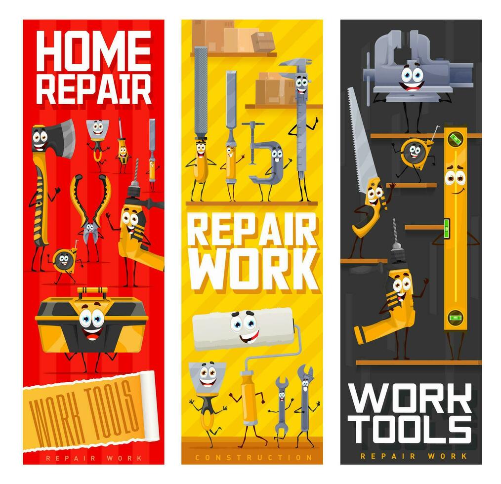 Karikatur Reparatur, DIY Arbeit Werkzeug Figuren, Banner vektor