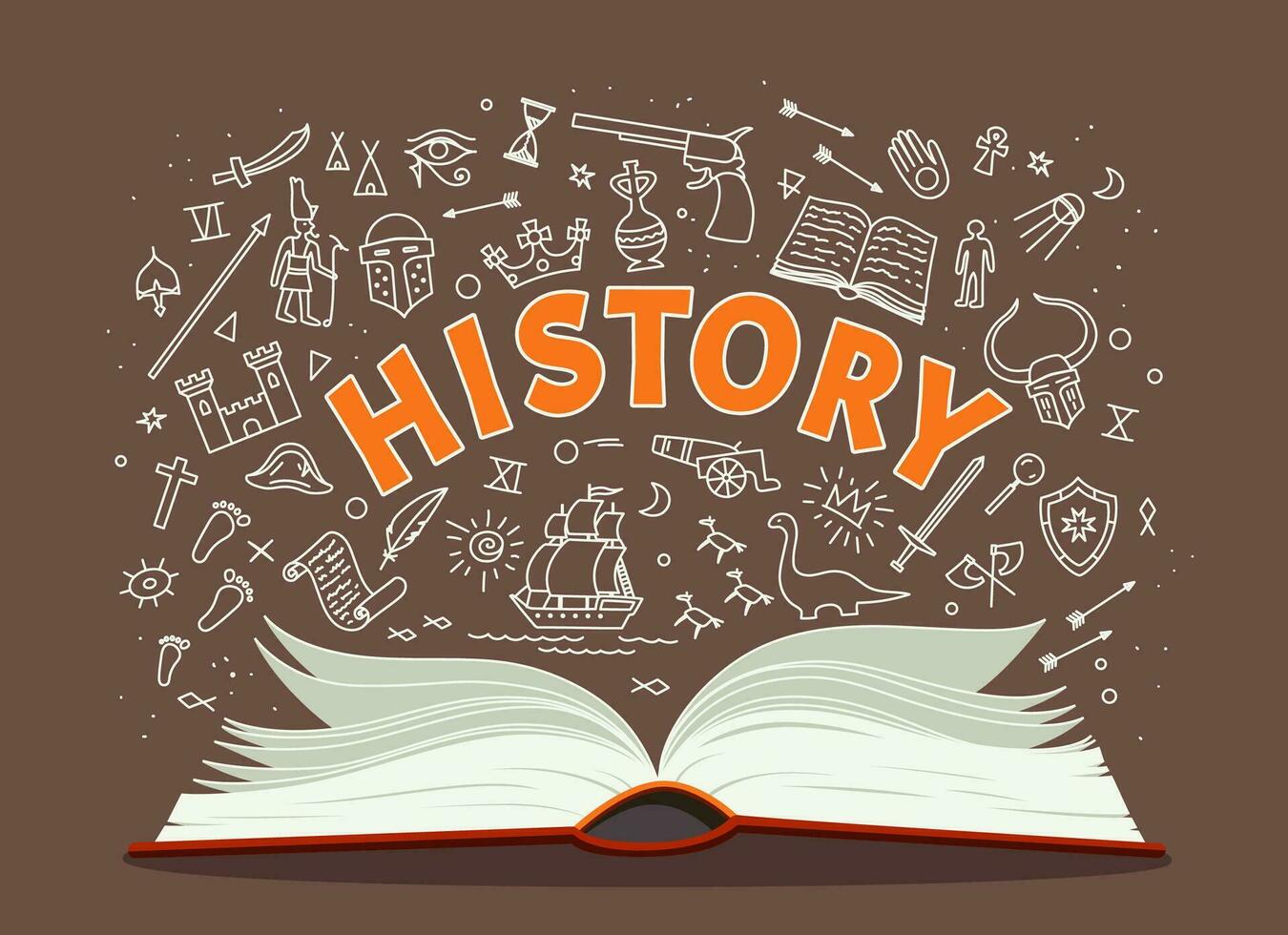 historia lärobok, skola bok och klotter symboler vektor