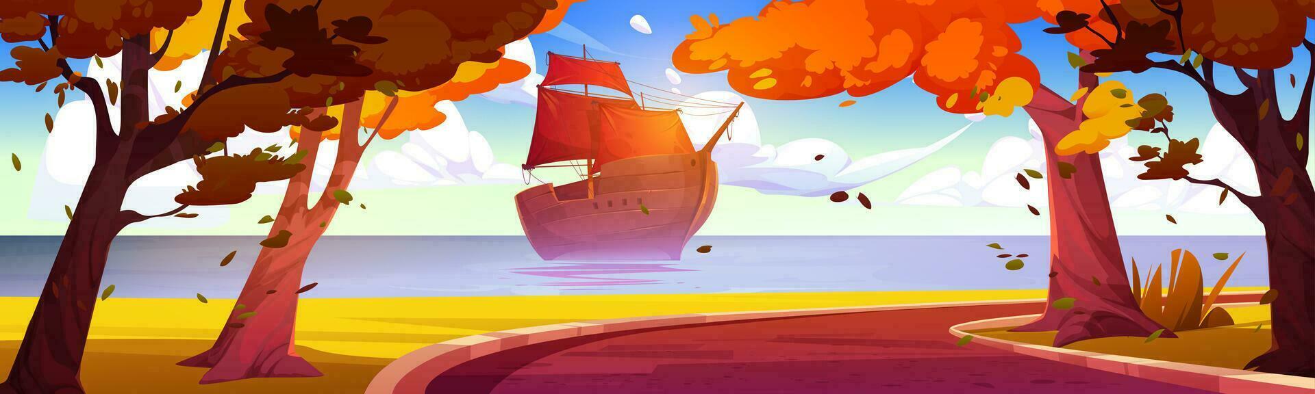Karikatur Boot mit rot Segel im Meer, Herbst Park vektor