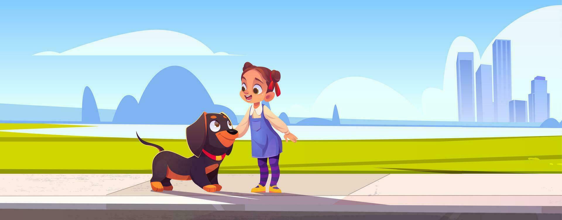 flicka med hund på sommar stad gata nära sjö vektor
