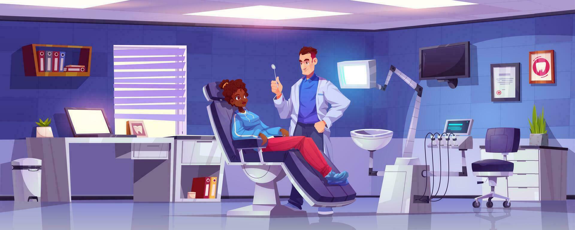 tandvård kontor med tandläkare läkare och patient vektor