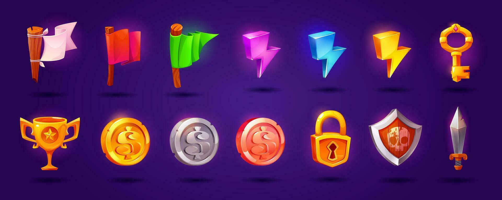 ui spel ikoner av mynt, nyckel, trofé, skydda, svärd vektor